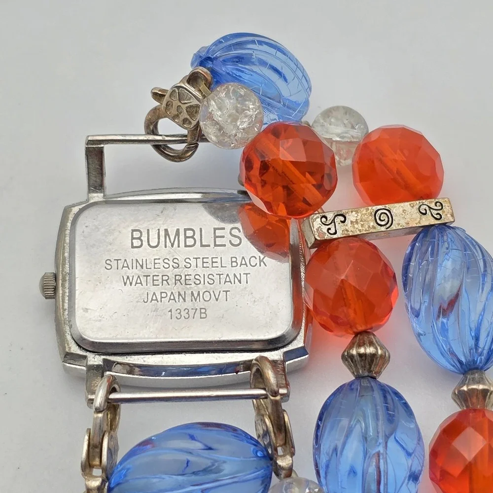 Vtg BUMBLES Watch Orange Blue 2-Strand Beaded Removable Stretch Band New Battery